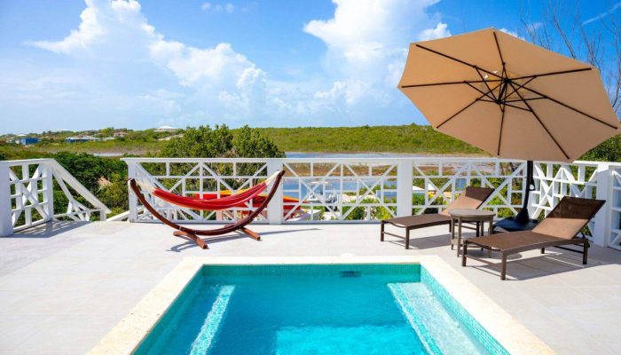 Rooftop pool with hammock and lounge chairs.