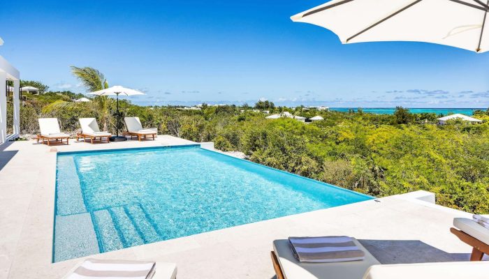 Luxury pool overlooking lush greenery and ocean.