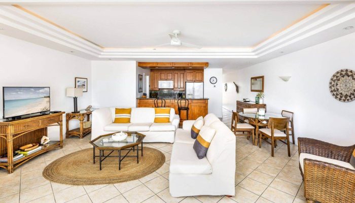 Open-plan living room with cozy furnishings.