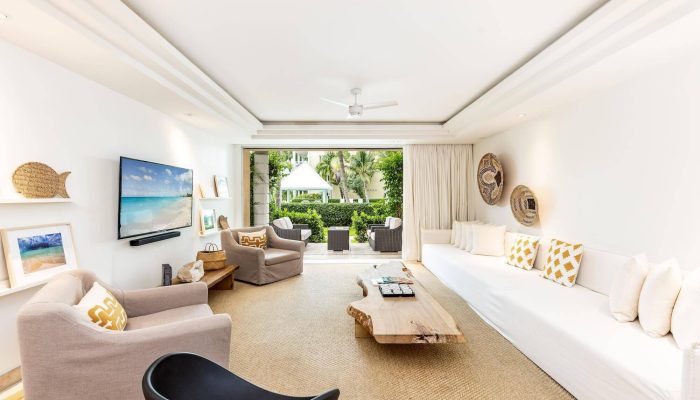 Modern living room with garden view.