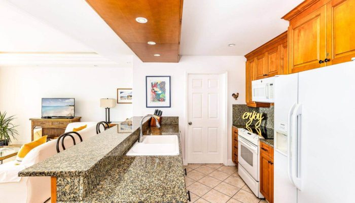 Modern kitchen with granite countertops and decor.