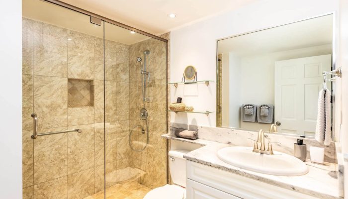 Marble-tiled bathroom with frameless glass shower