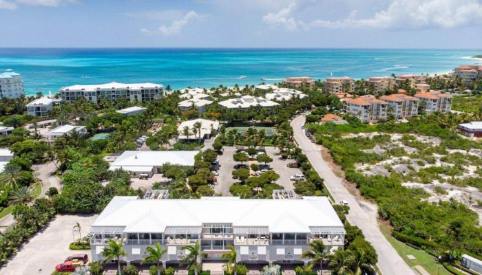 Aerial view of coastal resort area.