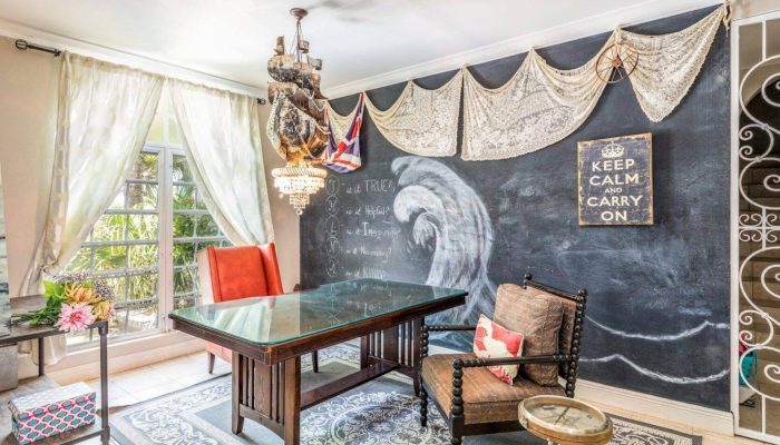 Eclectic home office with chalkboard wall art.