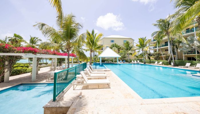 Resort pool with lounge chairs and gazebo