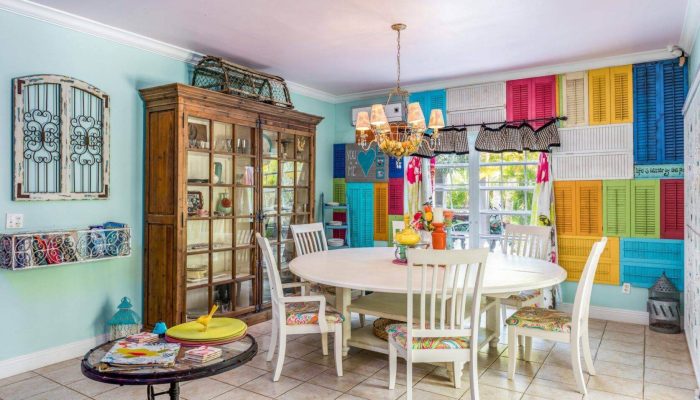 Colorful dining room with round table.