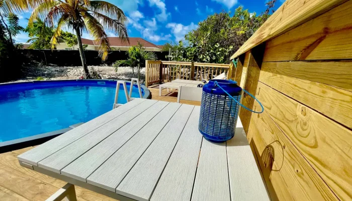 Poolside table with lantern and palm trees.
