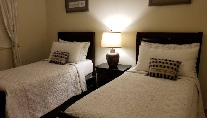 Two twin beds in cozy bedroom.