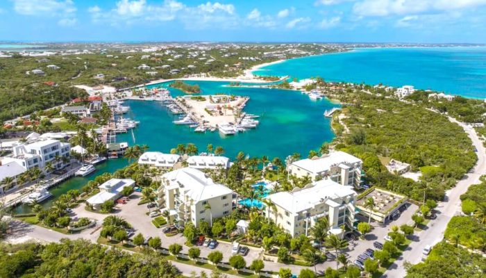 Aerial view of tropical marina and resort