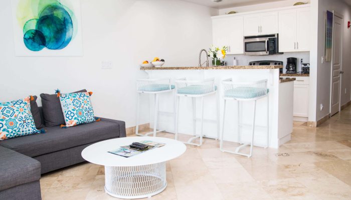 Modern open-plan kitchen and living room.