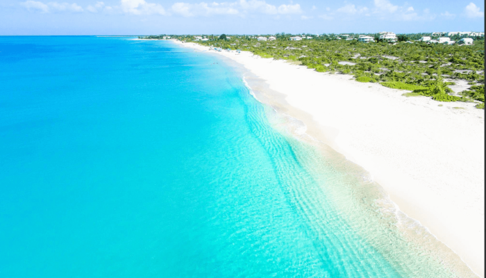 Aerial view of turquoise beach and coastline.