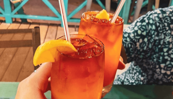 Two iced drinks with lemon garnish.