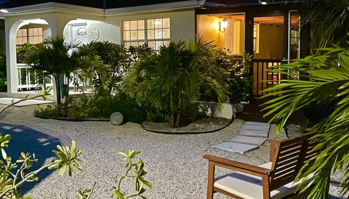 Cozy house with garden at night.