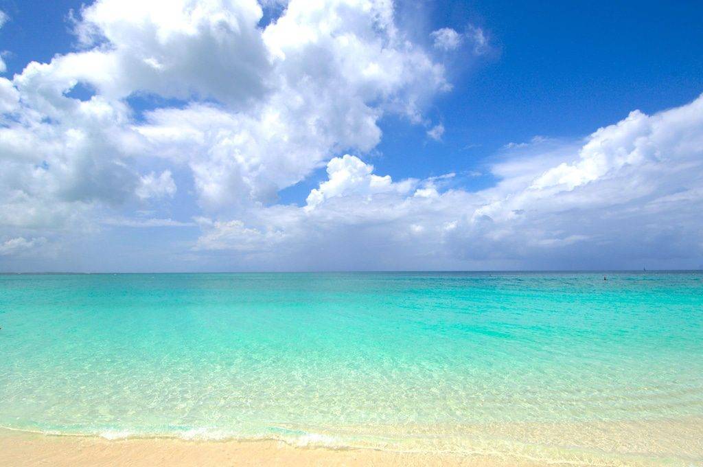 A beach with the ocean and clouds in the background.